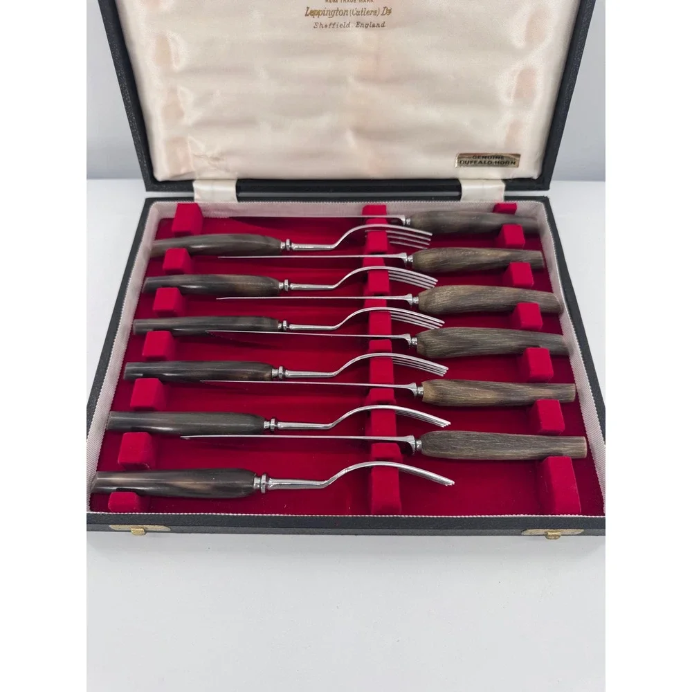 Cutlass Leppington Steak Knife Fork Set 12pc Buffalo Horn Sheffield England Case